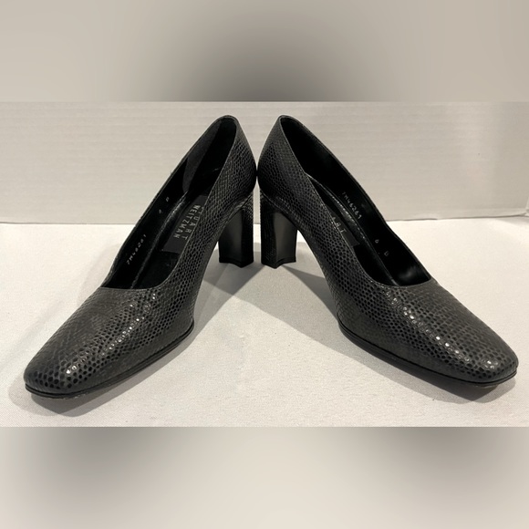 STUART WEITZMAN Black Leather Snake Print Square Toe Block Heels Women’s Size 6 - Picture 3 of 7